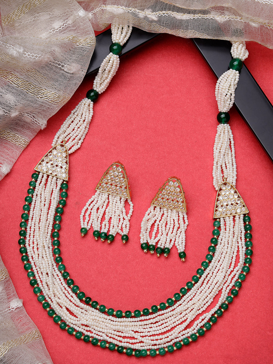 Sukkhi Stylish Gold Plated White Green Pearls with Multi Layers with Multistring Long Necklace Set & Dangler Earrings Jewellery Set For Women & Girls|Set of 1|NS106109