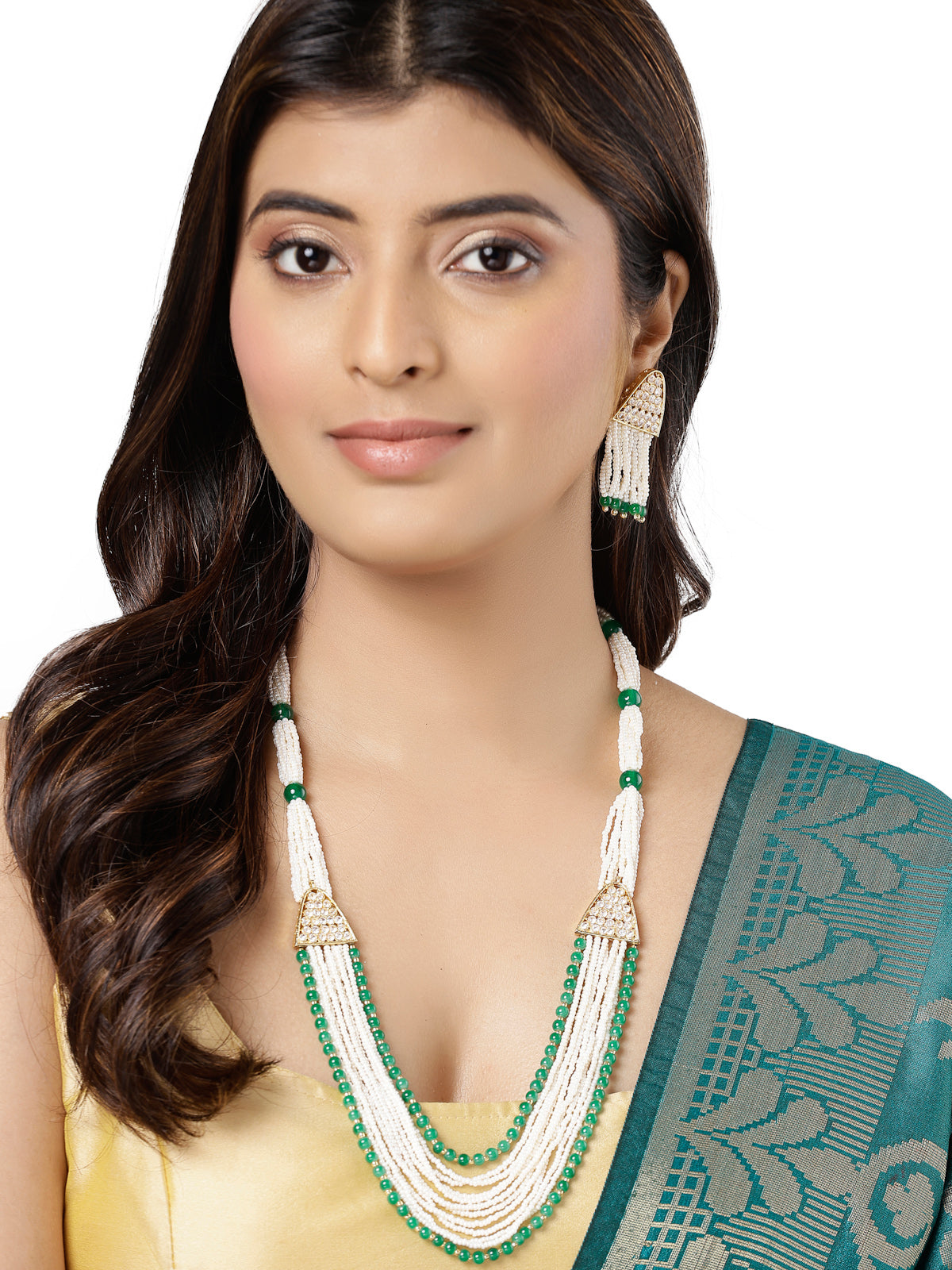 Sukkhi Stylish Gold Plated White Green Pearls with Multi Layers with Multistring Long Necklace Set & Dangler Earrings Jewellery Set For Women & Girls|Set of 1|NS106109