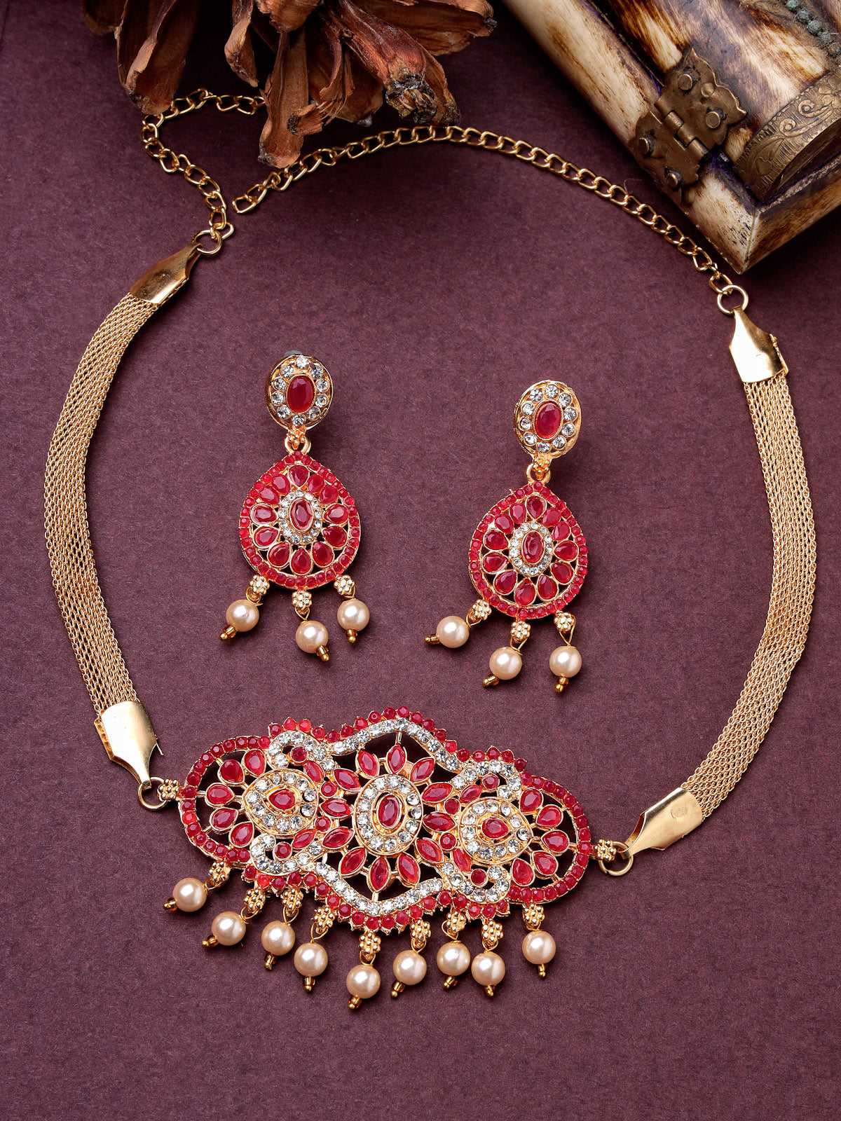 Sukkhi Classical Gold Plated Red AD Stones Studded Choker Necklace Set With Dangler Earring Jewellery Set For Women & Girls|Set of 1|NS106111
