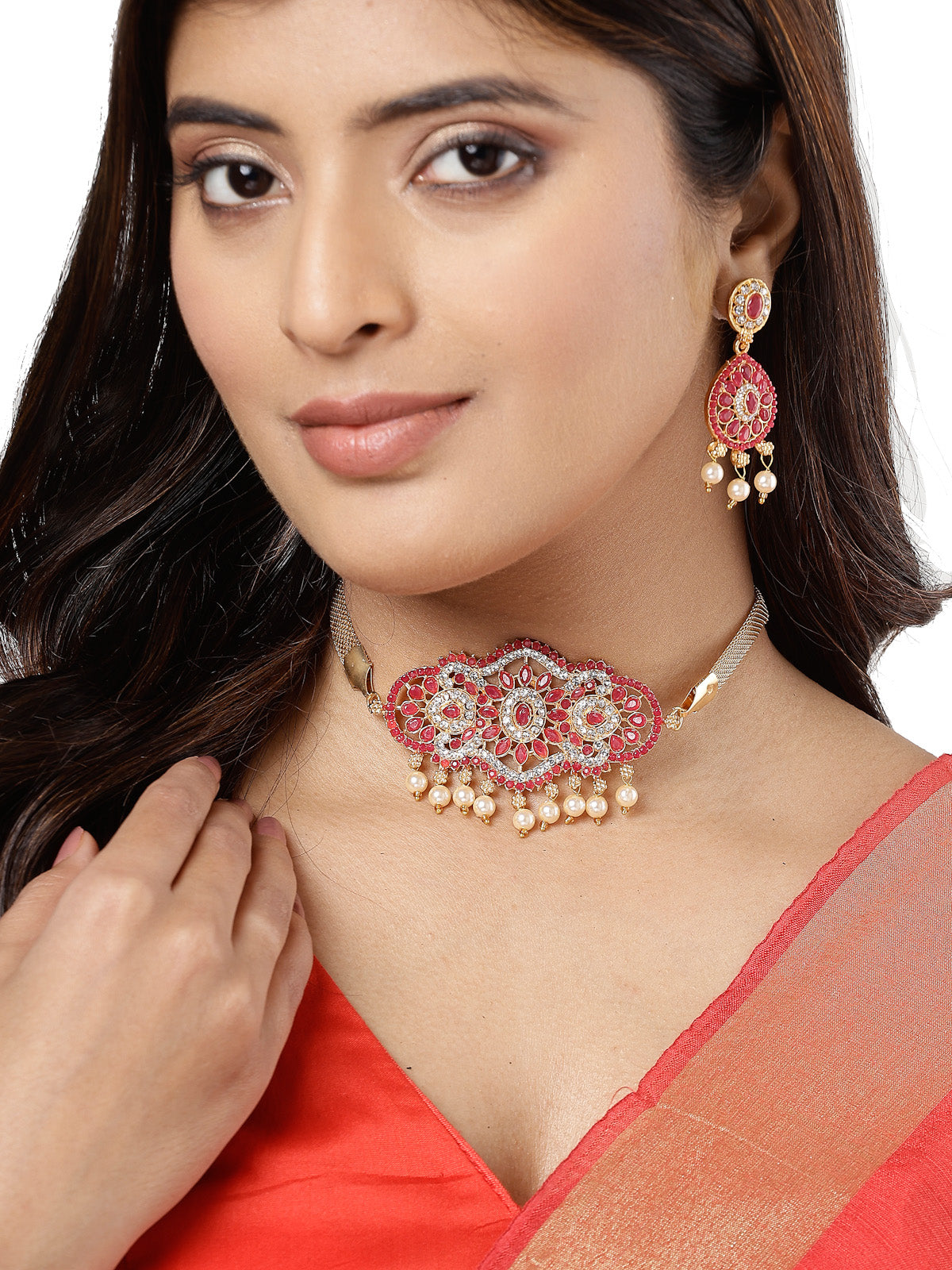 Sukkhi Classical Gold Plated Red AD Stones Studded Choker Necklace Set With Dangler Earring Jewellery Set For Women & Girls|Set of 1|NS106111