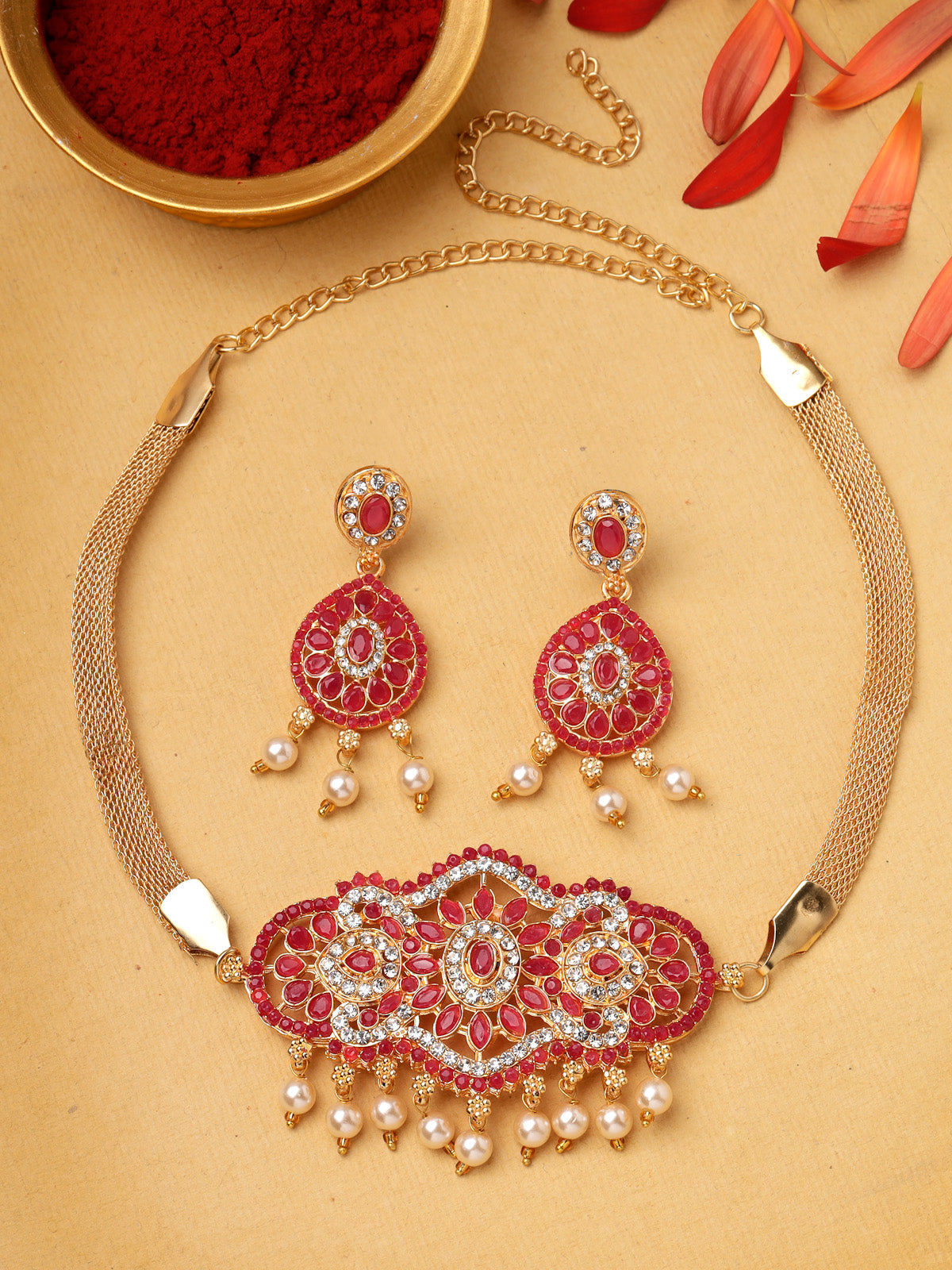 Sukkhi Classical Gold Plated Red AD Stones Studded Choker Necklace Set With Dangler Earring Jewellery Set For Women & Girls|Set of 1|NS106111