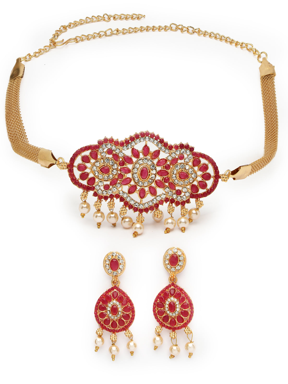 Sukkhi Classical Gold Plated Red AD Stones Studded Choker Necklace Set With Dangler Earring Jewellery Set For Women & Girls|Set of 1|NS106111
