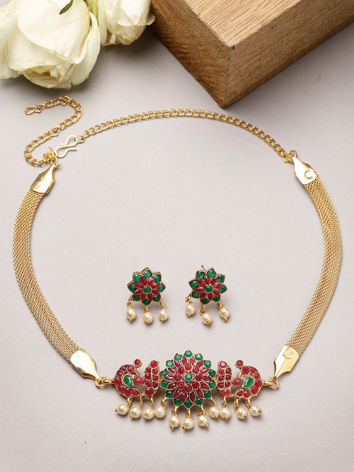 Sukkhi Beautiful Floral Gold Plated Red Green AD Stones Studded Choker Necklace Set With Studs Earring Jewellery Set for Women & Girls|Set of 1|NS106112