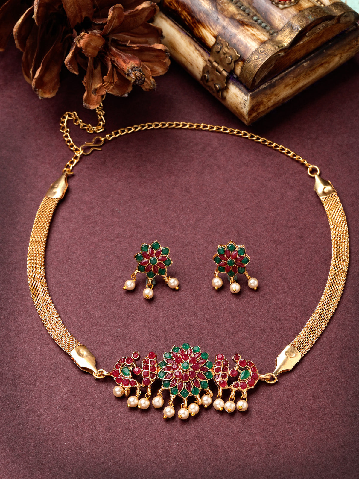 Sukkhi Beautiful Floral Gold Plated Red Green AD Stones Studded Choker Necklace Set With Studs Earring Jewellery Set for Women & Girls|Set of 1|NS106112