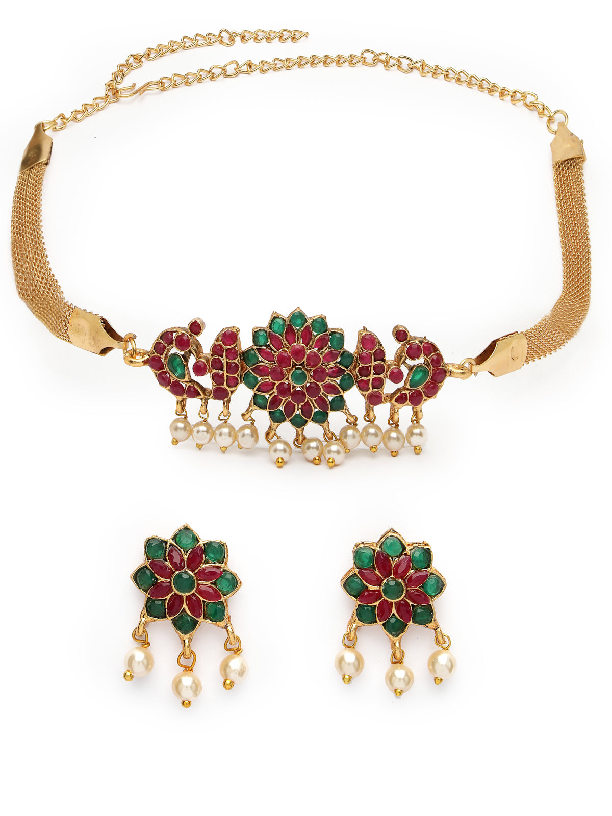 Sukkhi Beautiful Floral Gold Plated Red Green AD Stones Studded Choker Necklace Set With Studs Earring Jewellery Set for Women & Girls|Set of 1|NS106112
