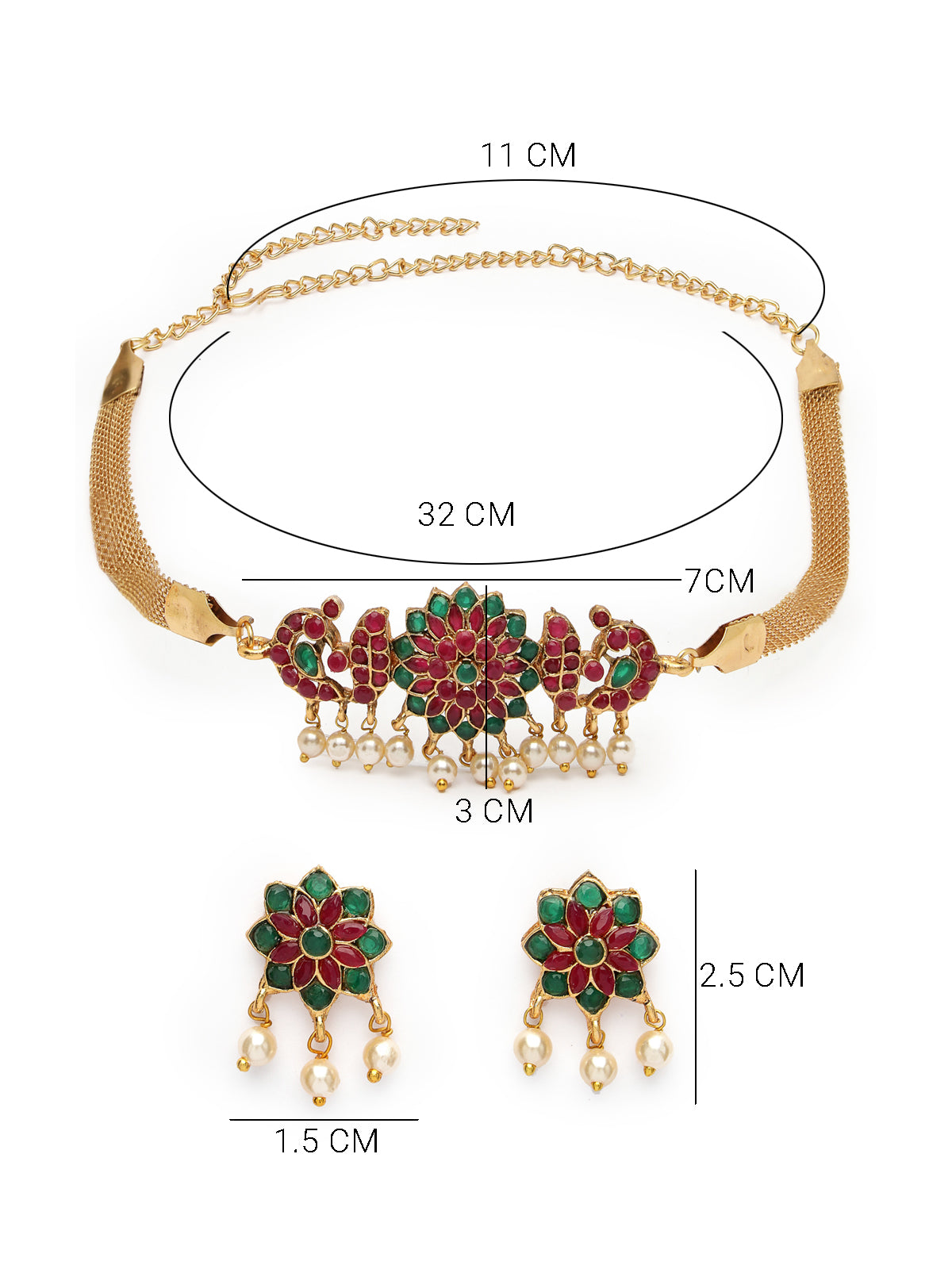 Sukkhi Beautiful Floral Gold Plated Red Green AD Stones Studded Choker Necklace Set With Studs Earring Jewellery Set for Women & Girls|Set of 1|NS106112