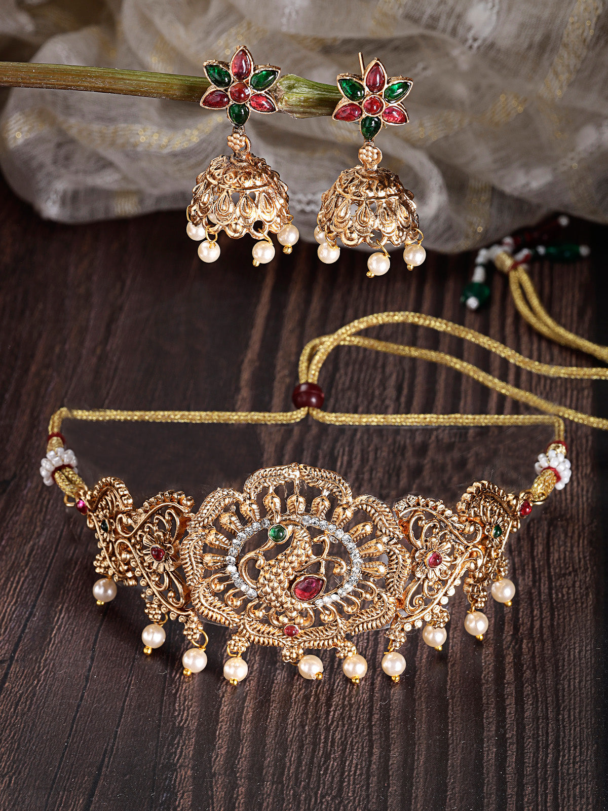 Sukkhi Unique Peacock Style Gold Plated Red Green AD Stones Studded Choker Necklace Set With Jhumki/Jhumka Earring Jewellery Set For Women & Girls|Set of 1|NS106114
