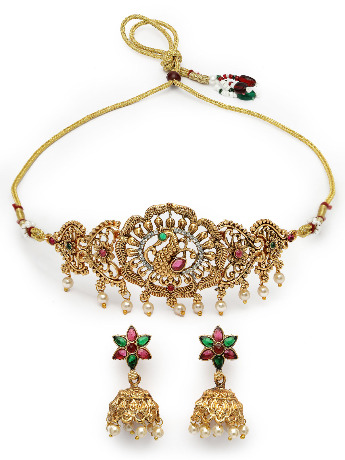 Sukkhi Unique Peacock Style Gold Plated Red Green AD Stones Studded Choker Necklace Set With Jhumki/Jhumka Earring Jewellery Set For Women & Girls|Set of 1|NS106114