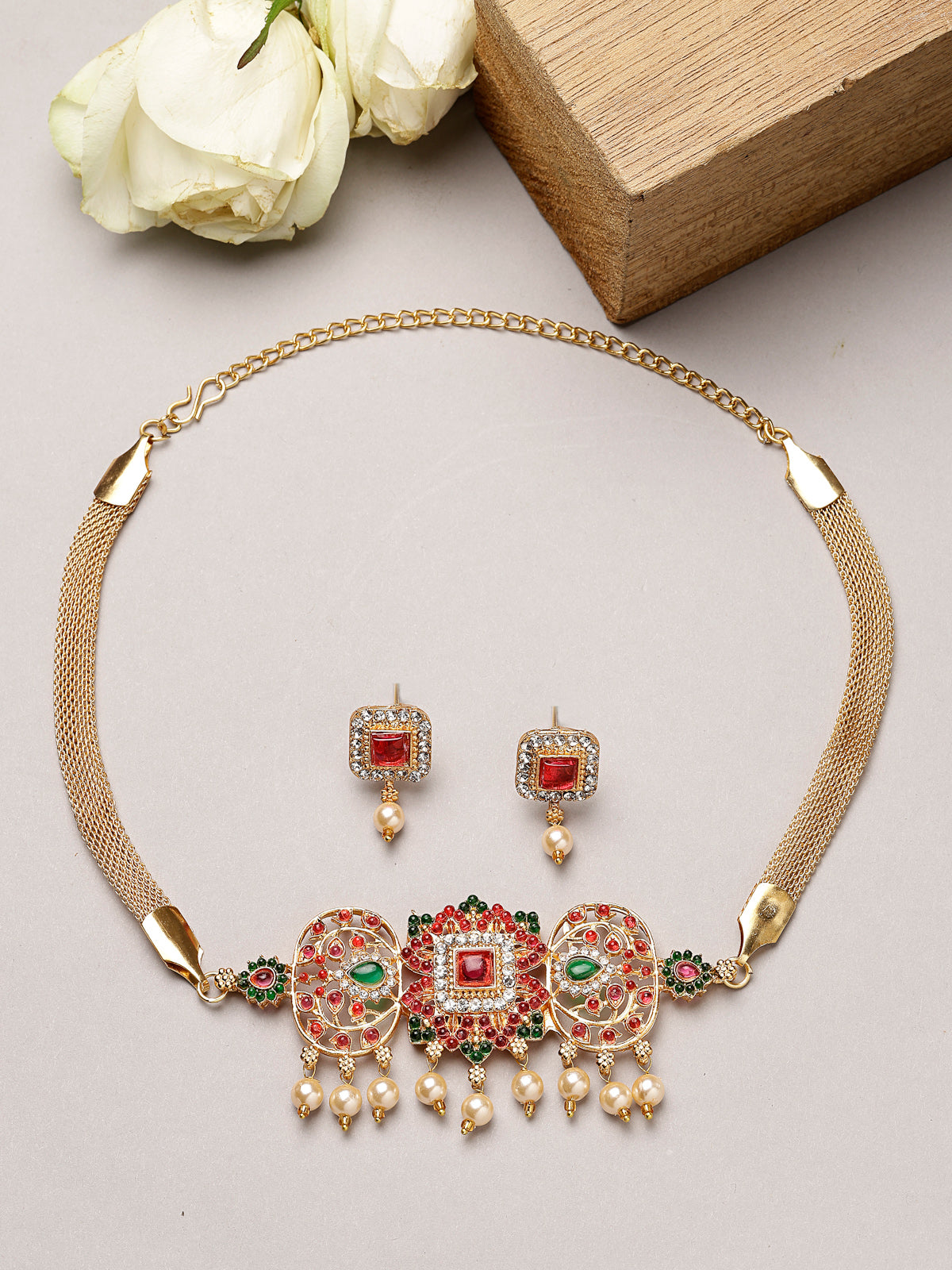 Sukkhi Traditional Gold Plated Red Green AD Stones Studded Choker Necklace Set With Studs Earring Jewellery Set For Women & Girls|Set of 1|NS106115