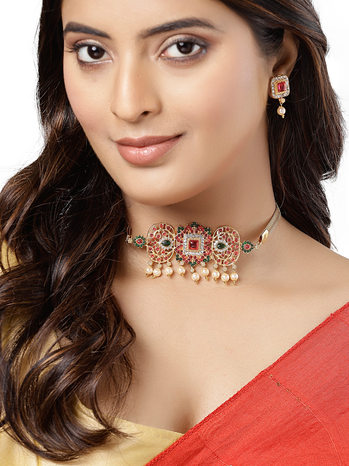 Sukkhi Traditional Gold Plated Red Green AD Stones Studded Choker Necklace Set With Studs Earring Jewellery Set For Women & Girls|Set of 1|NS106115