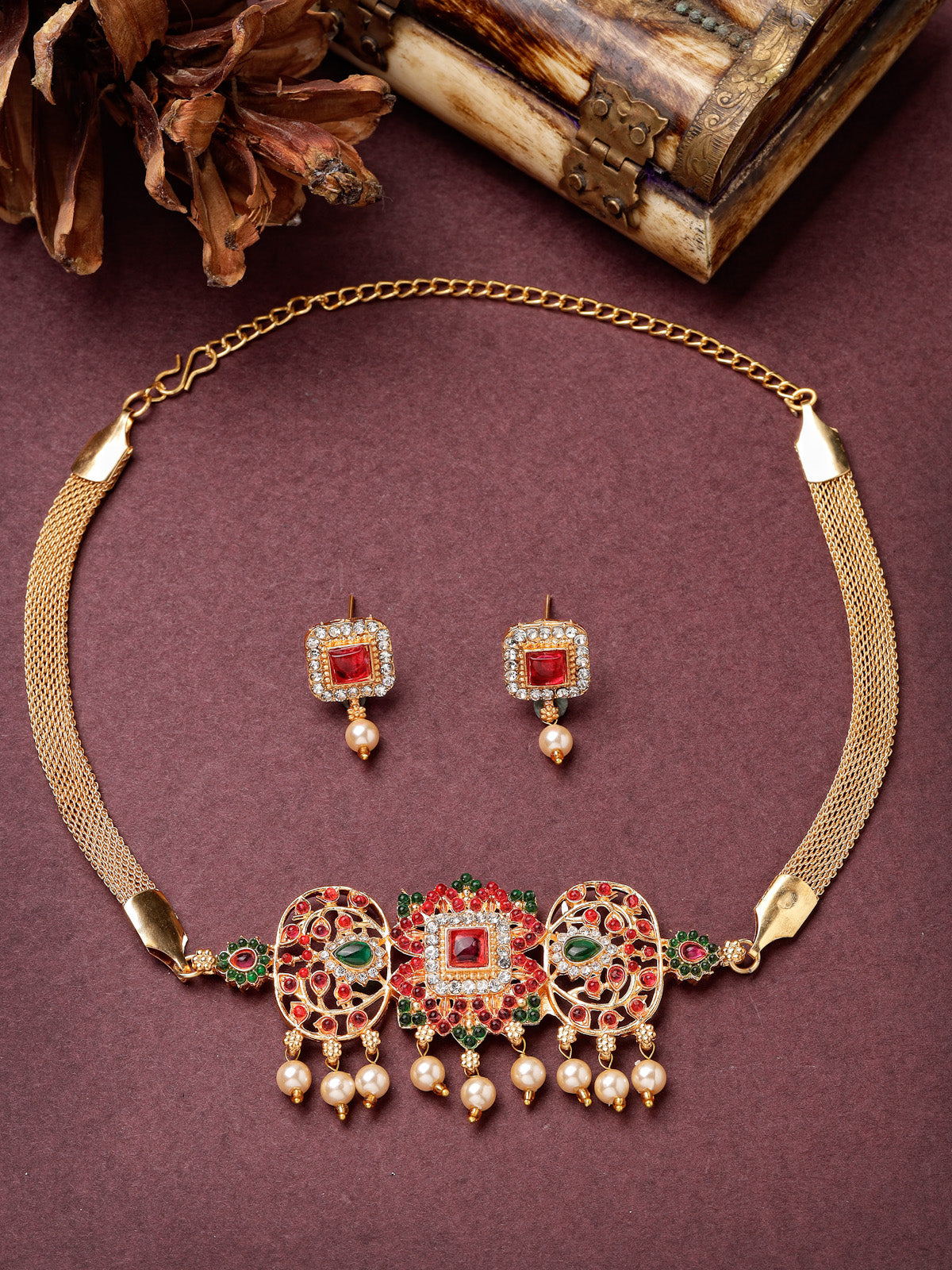 Sukkhi Traditional Gold Plated Red Green AD Stones Studded Choker Necklace Set With Studs Earring Jewellery Set For Women & Girls|Set of 1|NS106115