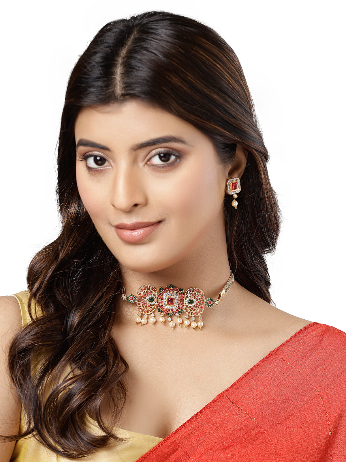 Sukkhi Traditional Gold Plated Red Green AD Stones Studded Choker Necklace Set With Studs Earring Jewellery Set For Women & Girls|Set of 1|NS106115