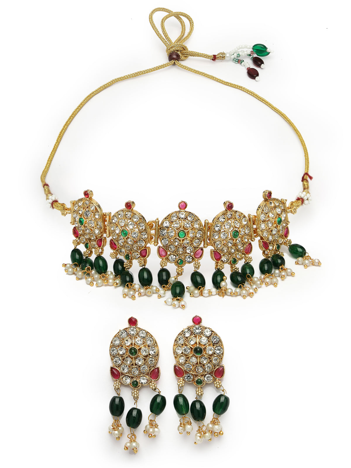 Sukkhi Graceful Gold Plated AD Stones Studded Green Round Choker Necklace Set With Dangler Earring Jewellery Set For Women & Girls|Set of 1|NS106116