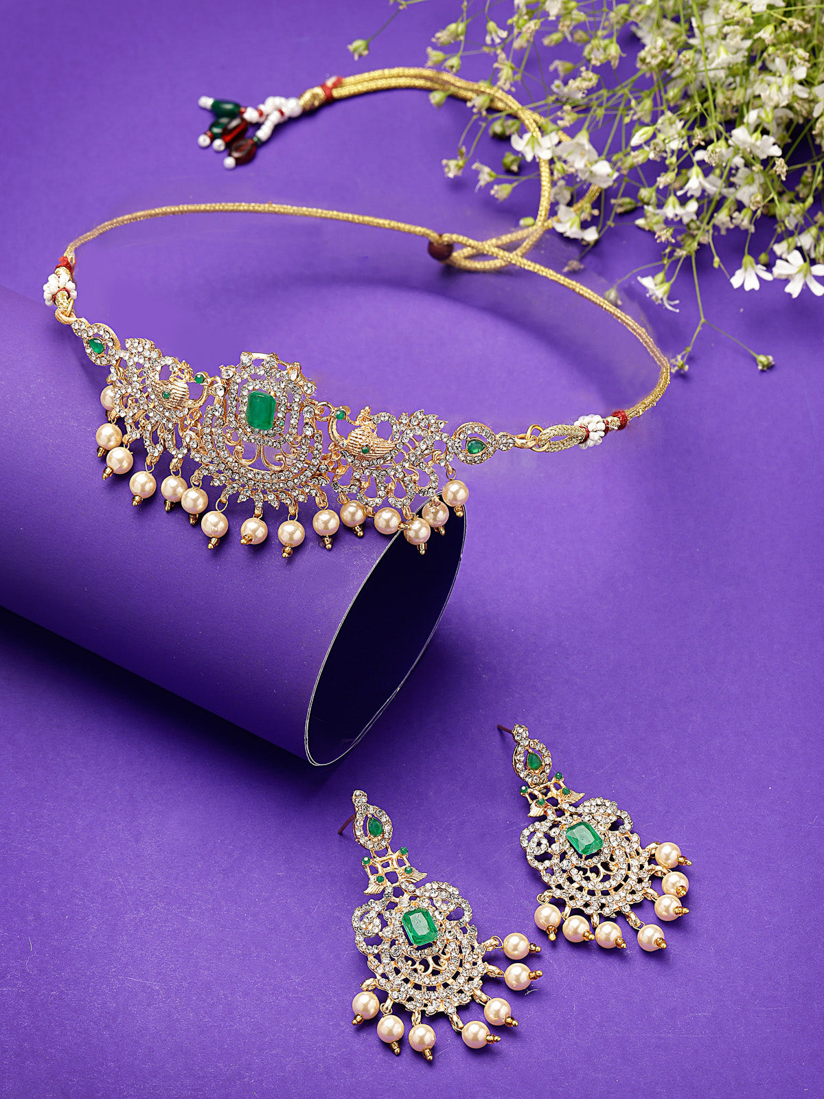 Sukkhi Sparkling Gold Plated White AD Stones Studded Green Choker Necklace Set With Dangler Earring Jewellery Set For Women & Girls|Set of 1|NS106117