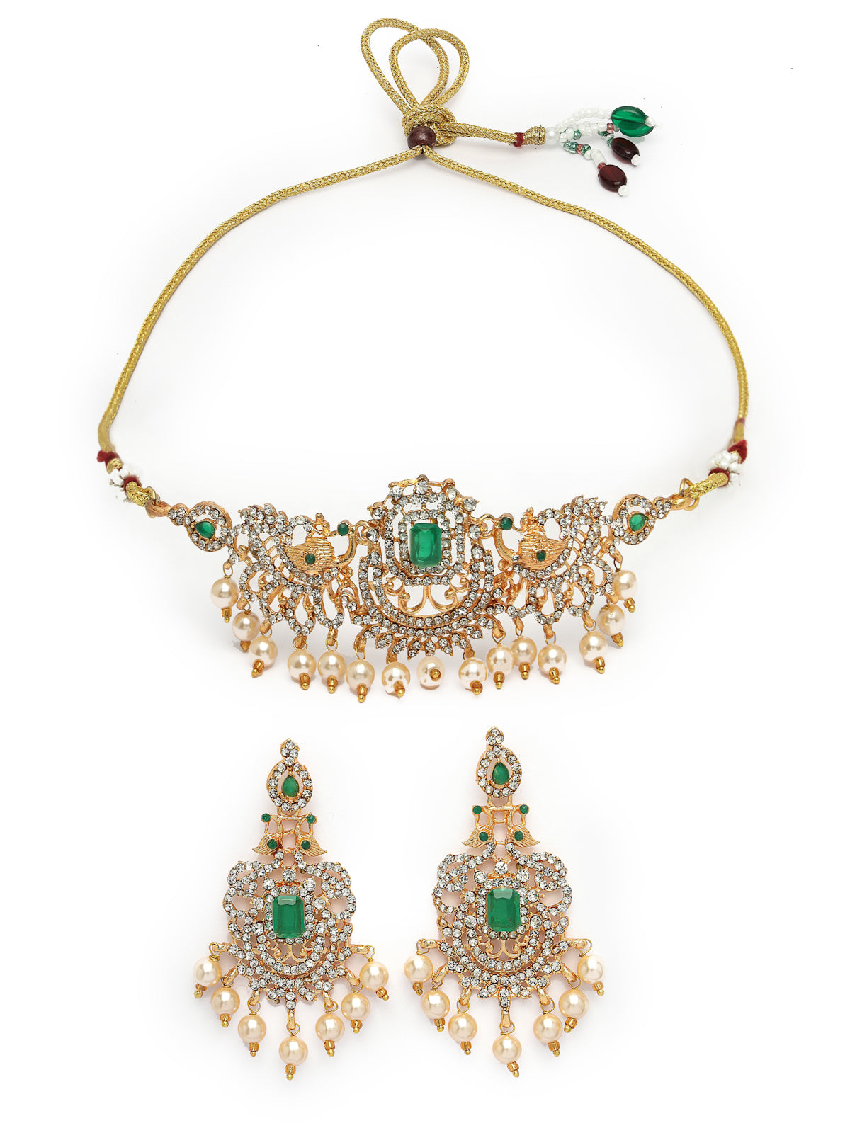 Sukkhi Sparkling Gold Plated White AD Stones Studded Green Choker Necklace Set With Dangler Earring Jewellery Set For Women & Girls|Set of 1|NS106117
