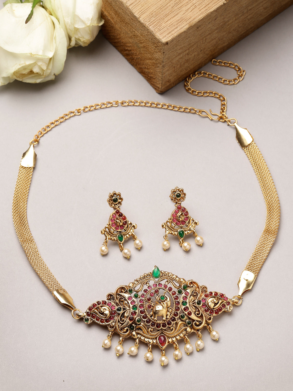 Sukkhi Trendy Gold Plated Red Green AD Stones Studded Elephant Choker Necklace Set With Dangler Earring Jewellery Set For Women & Girls|Set of 1|NS106118