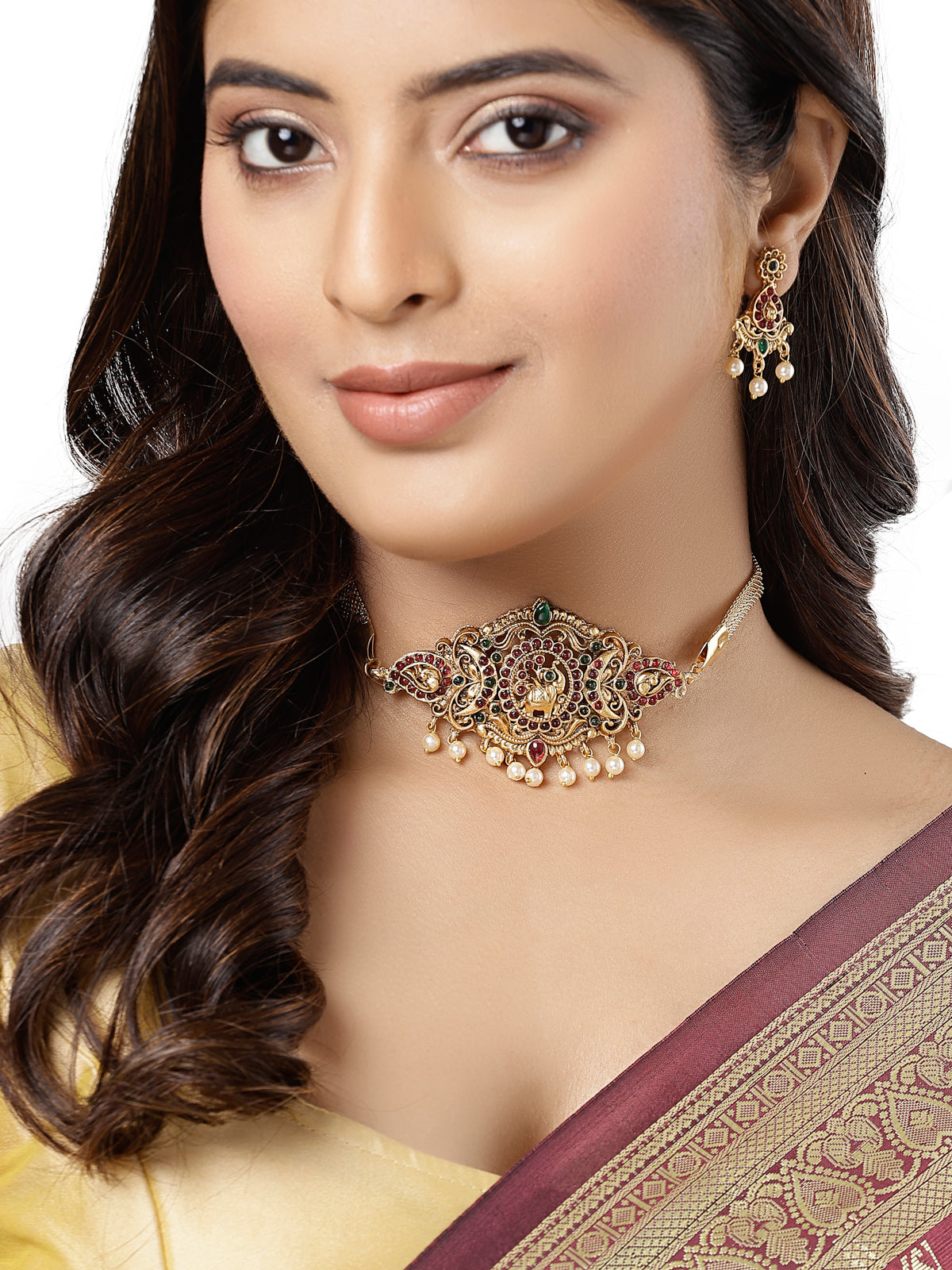 Sukkhi Trendy Gold Plated Red Green AD Stones Studded Elephant Choker Necklace Set With Dangler Earring Jewellery Set For Women & Girls|Set of 1|NS106118