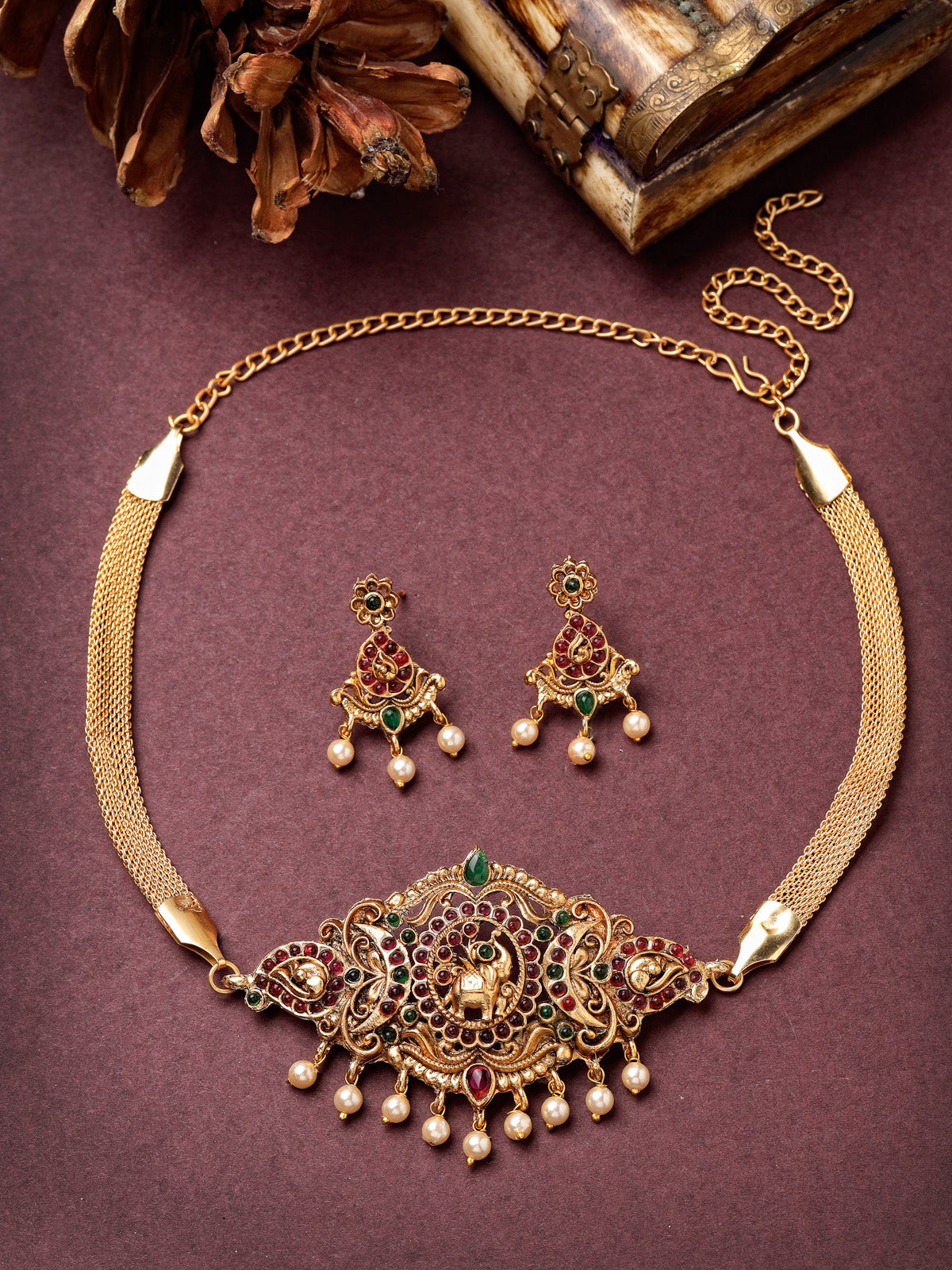 Sukkhi Trendy Gold Plated Red Green AD Stones Studded Elephant Choker Necklace Set With Dangler Earring Jewellery Set For Women & Girls|Set of 1|NS106118