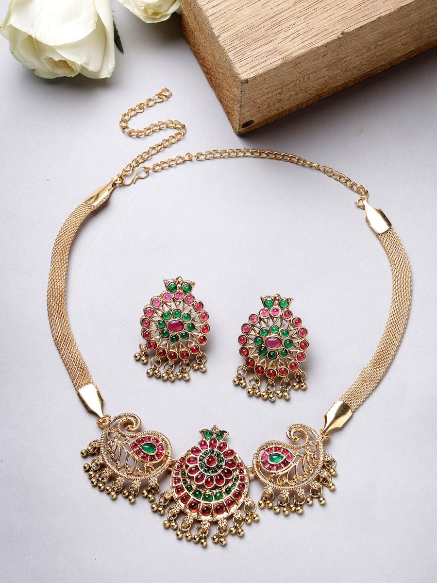 Sukkhi Decent Gold Plated Red Green AD Stones Studded Peacock Style Temple Choker Necklace Set With Dangler Earring Jewellery Set For Women & Girls|Set of 1|NS106119