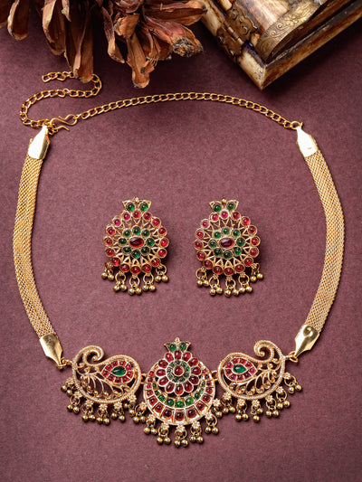Sukkhi Decent Gold Plated Red Green AD Stones Studded Peacock Style Temple Choker Necklace Set With Dangler Earring Jewellery Set For Women & Girls|Set of 1|NS106119