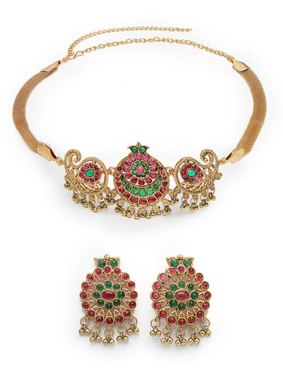 Sukkhi Decent Gold Plated Red Green AD Stones Studded Peacock Style Temple Choker Necklace Set With Dangler Earring Jewellery Set For Women & Girls|Set of 1|NS106119