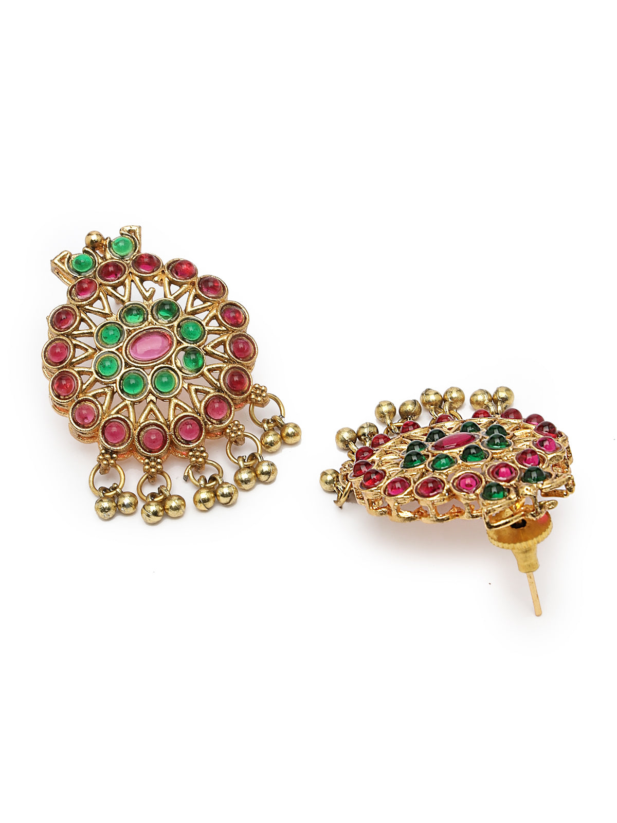 Sukkhi Decent Gold Plated Red Green AD Stones Studded Peacock Style Temple Choker Necklace Set With Dangler Earring Jewellery Set For Women & Girls|Set of 1|NS106119