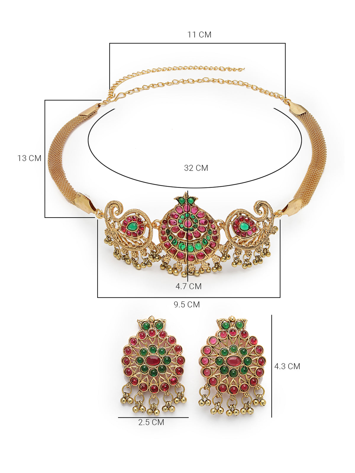 Sukkhi Decent Gold Plated Red Green AD Stones Studded Peacock Style Temple Choker Necklace Set With Dangler Earring Jewellery Set For Women & Girls|Set of 1|NS106119