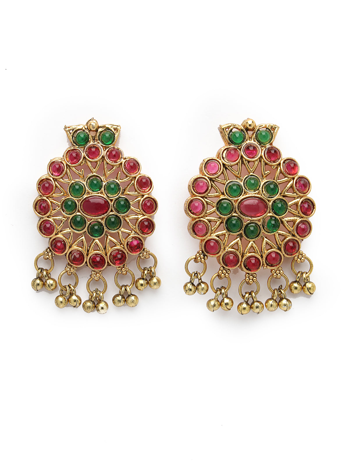 Sukkhi Decent Gold Plated Red Green AD Stones Studded Peacock Style Temple Choker Necklace Set With Dangler Earring Jewellery Set For Women & Girls|Set of 1|NS106119