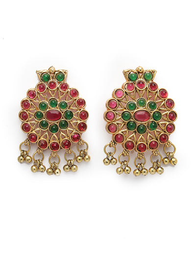 Sukkhi Decent Gold Plated Red Green AD Stones Studded Peacock Style Temple Choker Necklace Set With Dangler Earring Jewellery Set For Women & Girls|Set of 1|NS106119