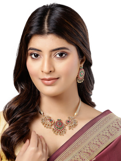 Sukkhi Decent Gold Plated Red Green AD Stones Studded Peacock Style Temple Choker Necklace Set With Dangler Earring Jewellery Set For Women & Girls|Set of 1|NS106119