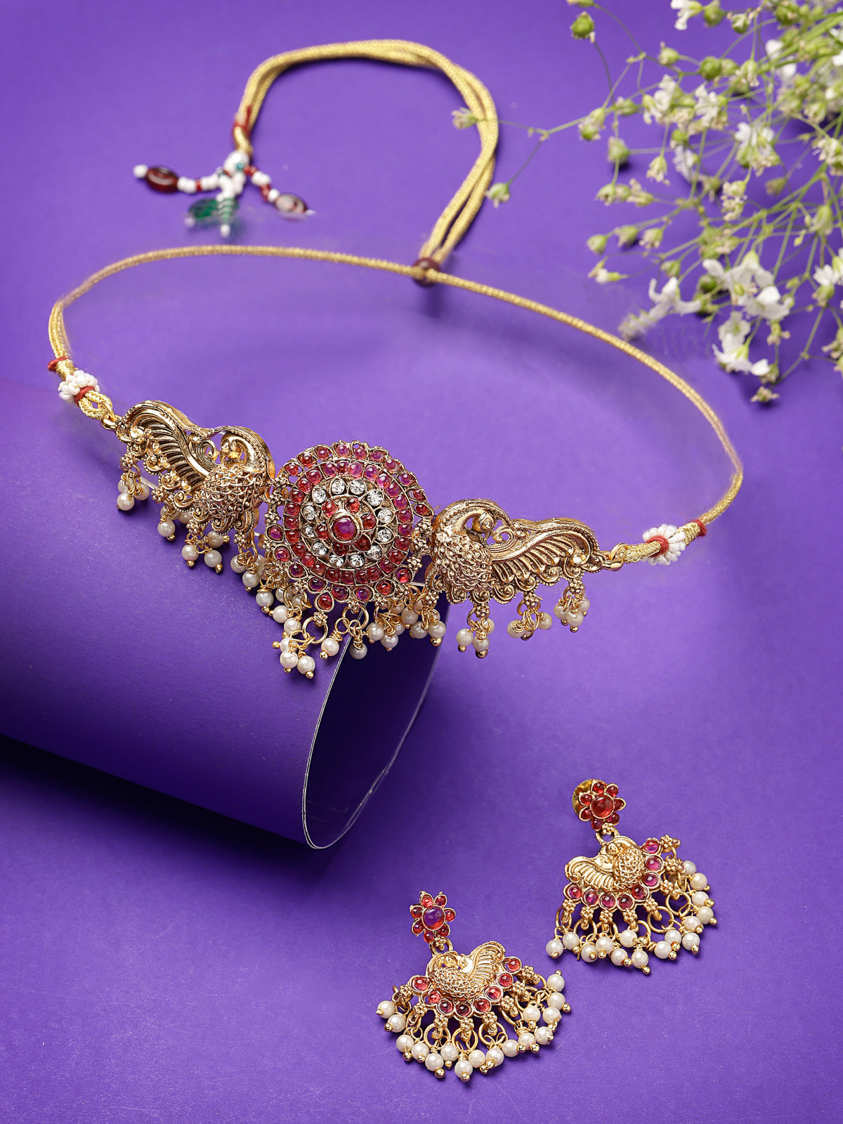 Sukkhi Classic-Inspired Gold Plated Red AD Stones Studded Temple Choker Necklace With Dangler Earring Jewellery Set For Women & Girls|NS106120