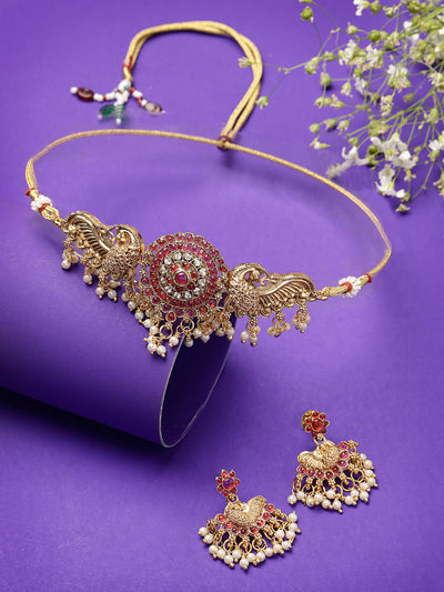 Sukkhi Classic-Inspired Gold Plated Red AD Stones Studded Temple Choker Necklace With Dangler Earring Jewellery Set For Women & Girls|NS106120