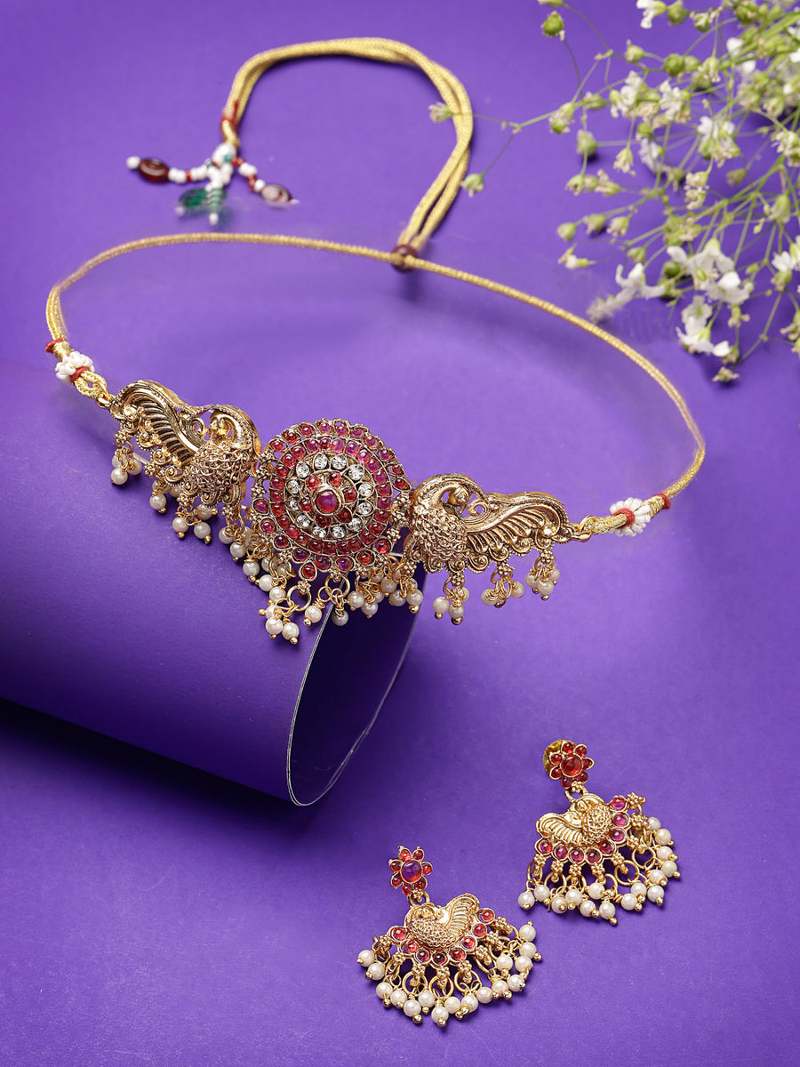 Sukkhi Classic-Inspired Gold Plated Red AD Stones Studded Temple Choker Necklace With Dangler Earring Jewellery Set For Women & Girls|NS106120