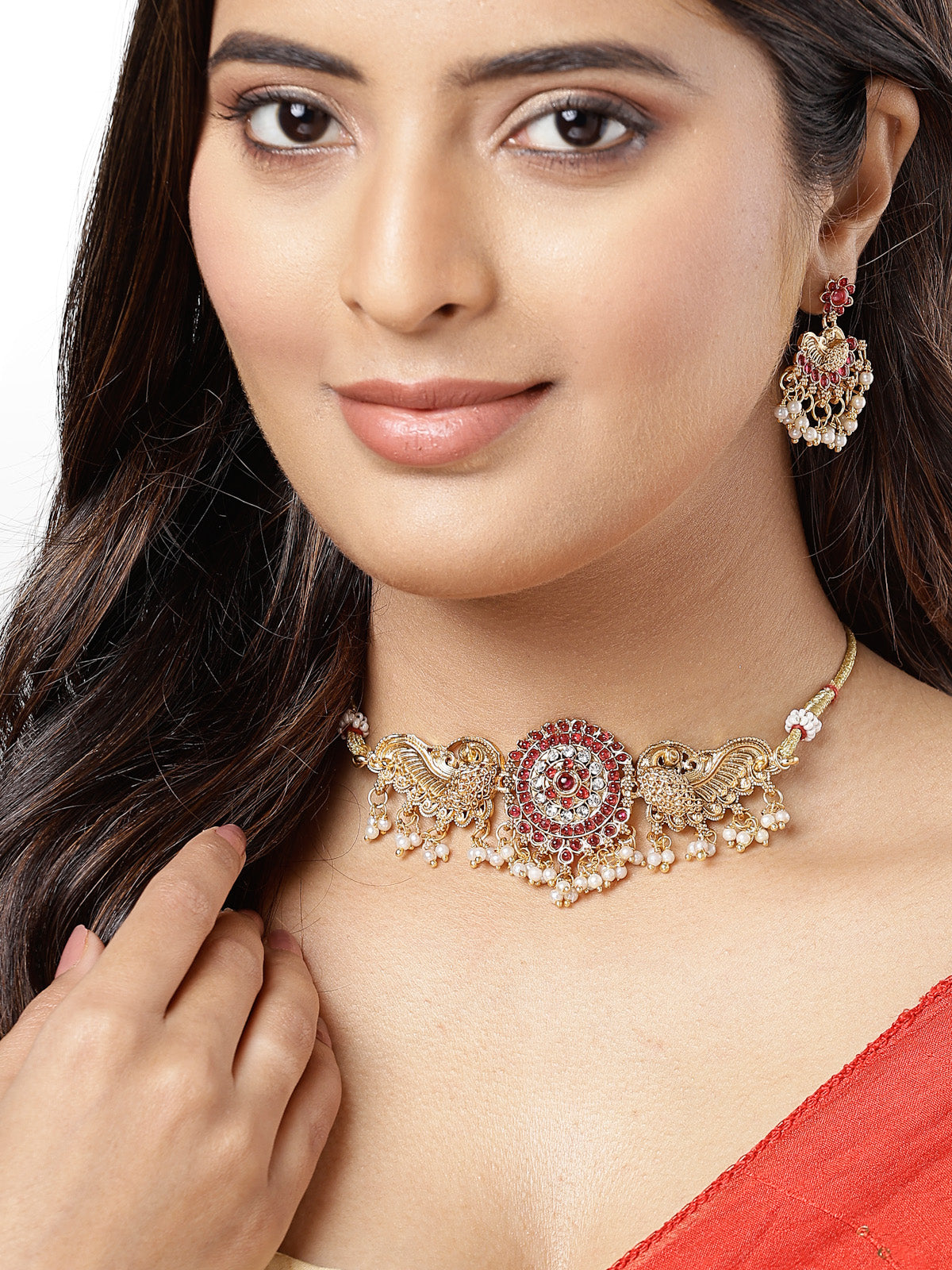 Sukkhi Classic-Inspired Gold Plated Red AD Stones Studded Temple Choker Necklace With Dangler Earring Jewellery Set For Women & Girls|NS106120