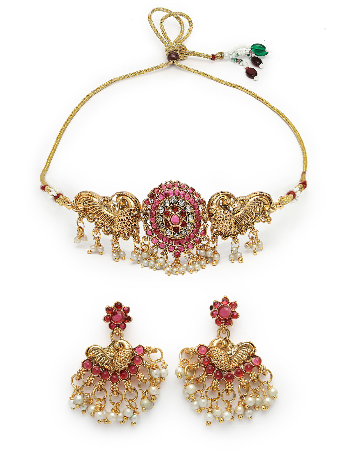 Sukkhi Classic-Inspired Gold Plated Red AD Stones Studded Temple Choker Necklace With Dangler Earring Jewellery Set For Women & Girls|NS106120