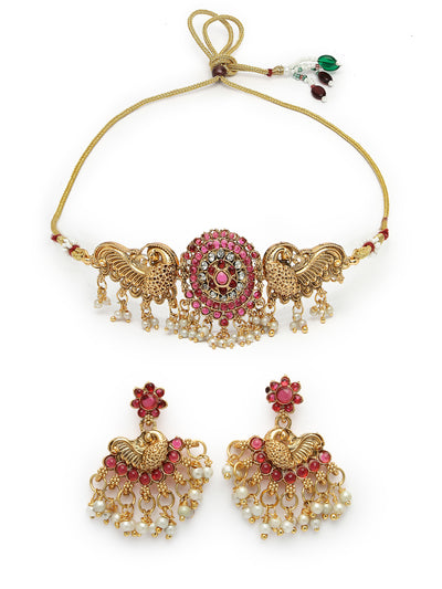 Sukkhi Classic-Inspired Gold Plated Red AD Stones Studded Temple Choker Necklace With Dangler Earring Jewellery Set For Women & Girls|NS106120