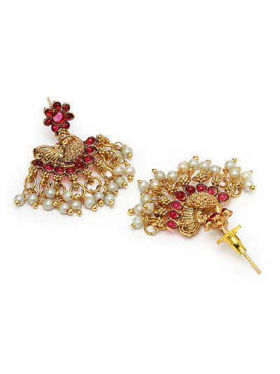 Sukkhi Classic-Inspired Gold Plated Red AD Stones Studded Temple Choker Necklace With Dangler Earring Jewellery Set For Women & Girls|NS106120