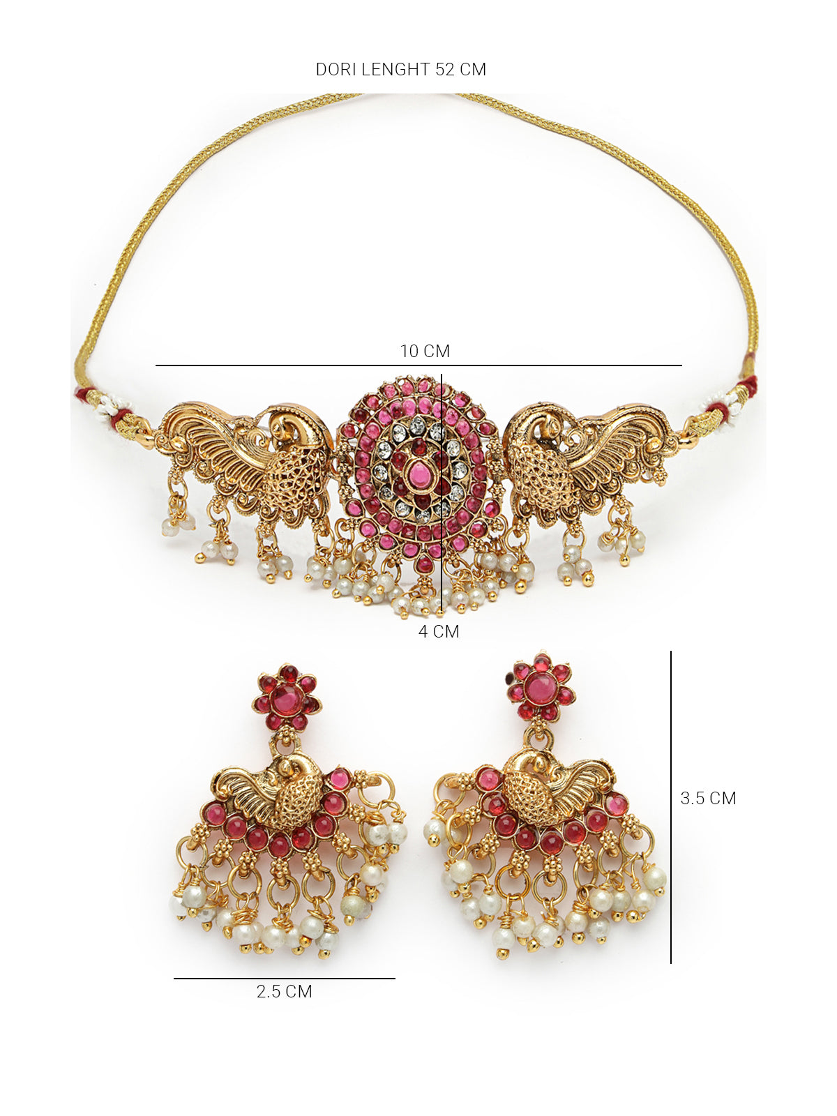 Sukkhi Classic-Inspired Gold Plated Red AD Stones Studded Temple Choker Necklace With Dangler Earring Jewellery Set For Women & Girls|NS106120