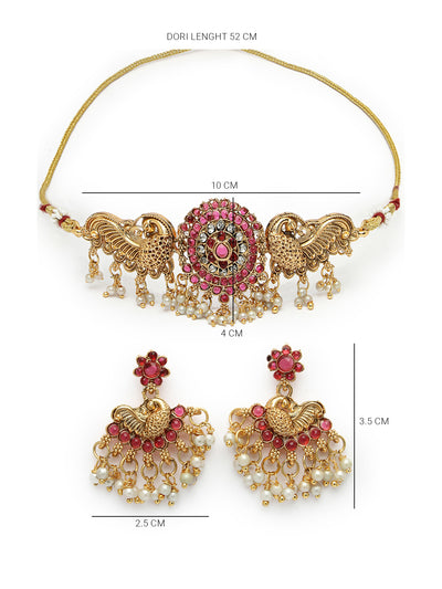 Sukkhi Classic-Inspired Gold Plated Red AD Stones Studded Temple Choker Necklace With Dangler Earring Jewellery Set For Women & Girls|NS106120
