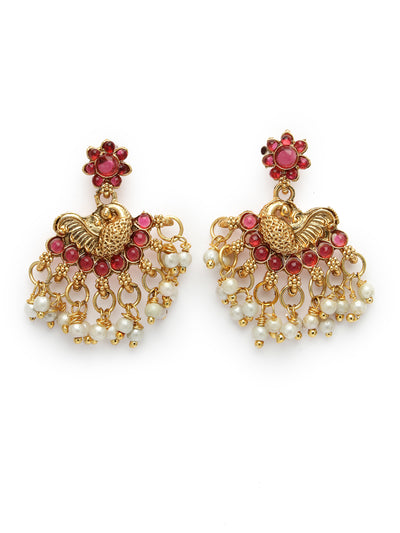 Sukkhi Classic-Inspired Gold Plated Red AD Stones Studded Temple Choker Necklace With Dangler Earring Jewellery Set For Women & Girls|NS106120