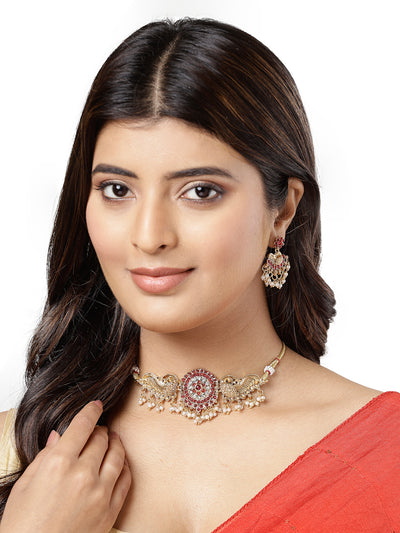 Sukkhi Classic-Inspired Gold Plated Red AD Stones Studded Temple Choker Necklace With Dangler Earring Jewellery Set For Women & Girls|NS106120