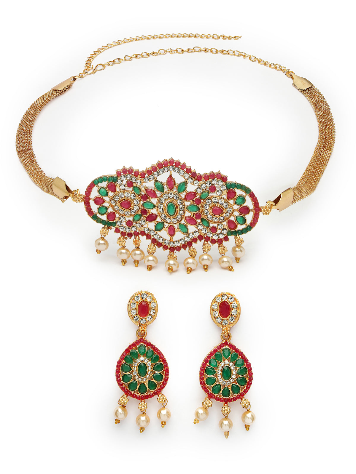 Sukkhi Classical Gold Plated Red Green AD Stones Studded Choker Necklace With Dangler Earring Jewellery Set For Women & Girls|NS106121