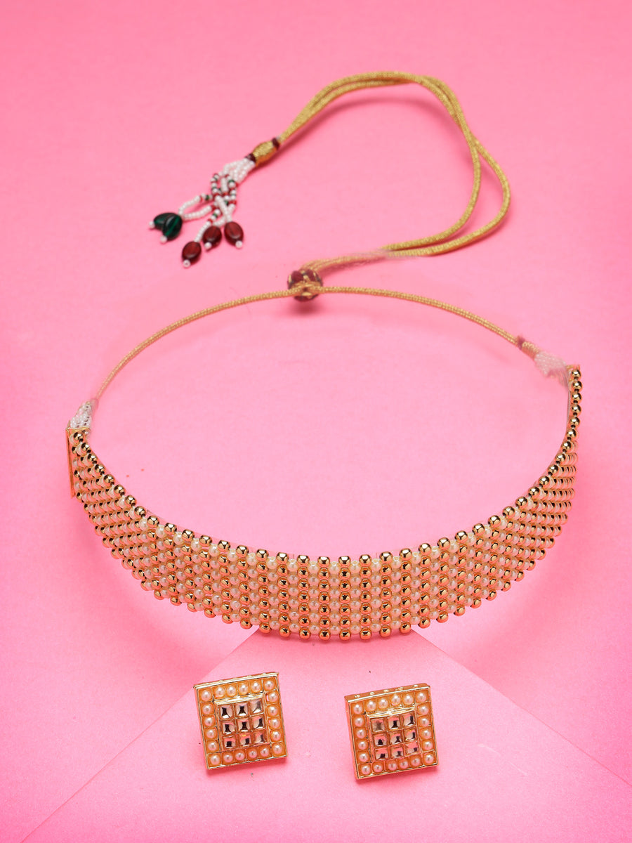 Sukkhi Attractive Gold Plated white Pearls Choker Necklace Set with Studs Earrings Jewellery Set For Women & Girls|Set of 1|NS106122