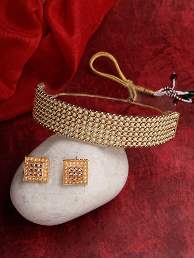 Sukkhi Attractive Gold Plated white Pearls Choker Necklace Set with Studs Earrings Jewellery Set For Women & Girls|Set of 1|NS106122
