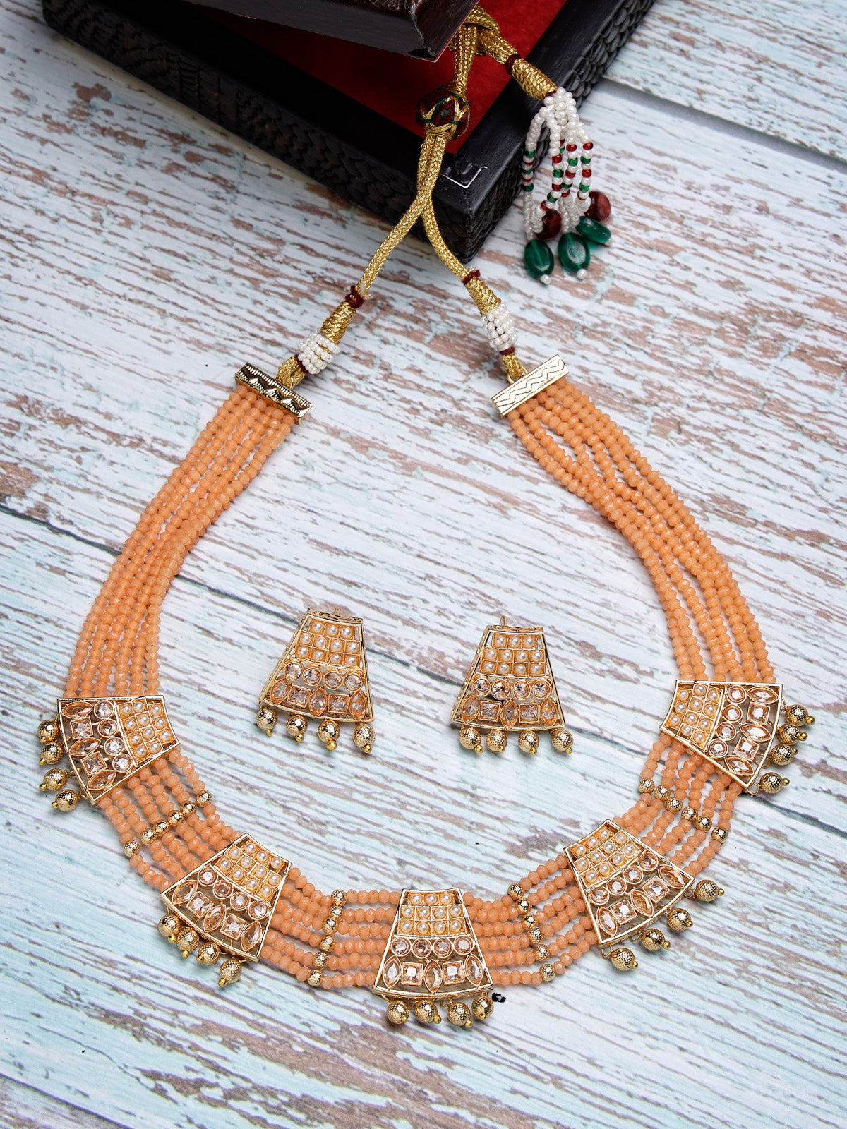 Sukkhi Decorative Gold Plated Peachcolor Pearls Multistrand Choker Necklace Set & Studs Earrings For Women & Girls|Set of 1|NS106123