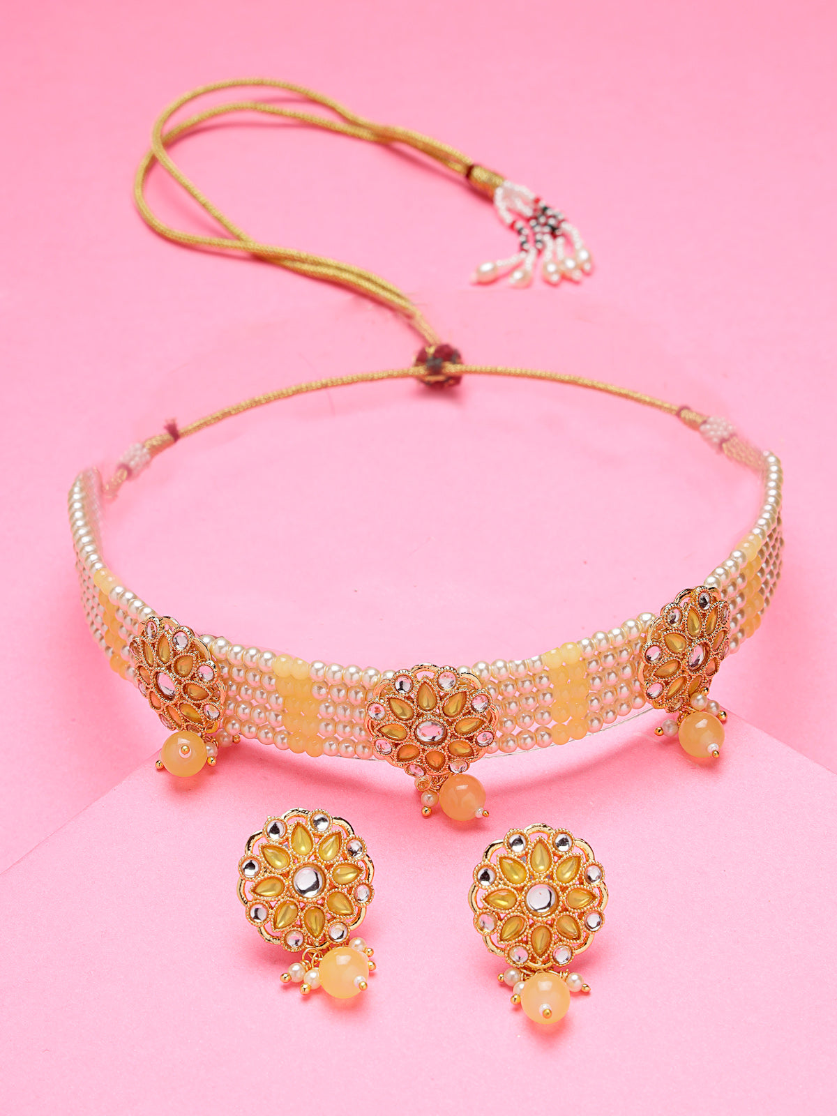 Sukkhi Fashionable Gold Plated Pearls With AD Stones Studded Yellow Multistrand Choker Necklace Set & Studs Earrings For Women & Girls|Set of 1|NS106124