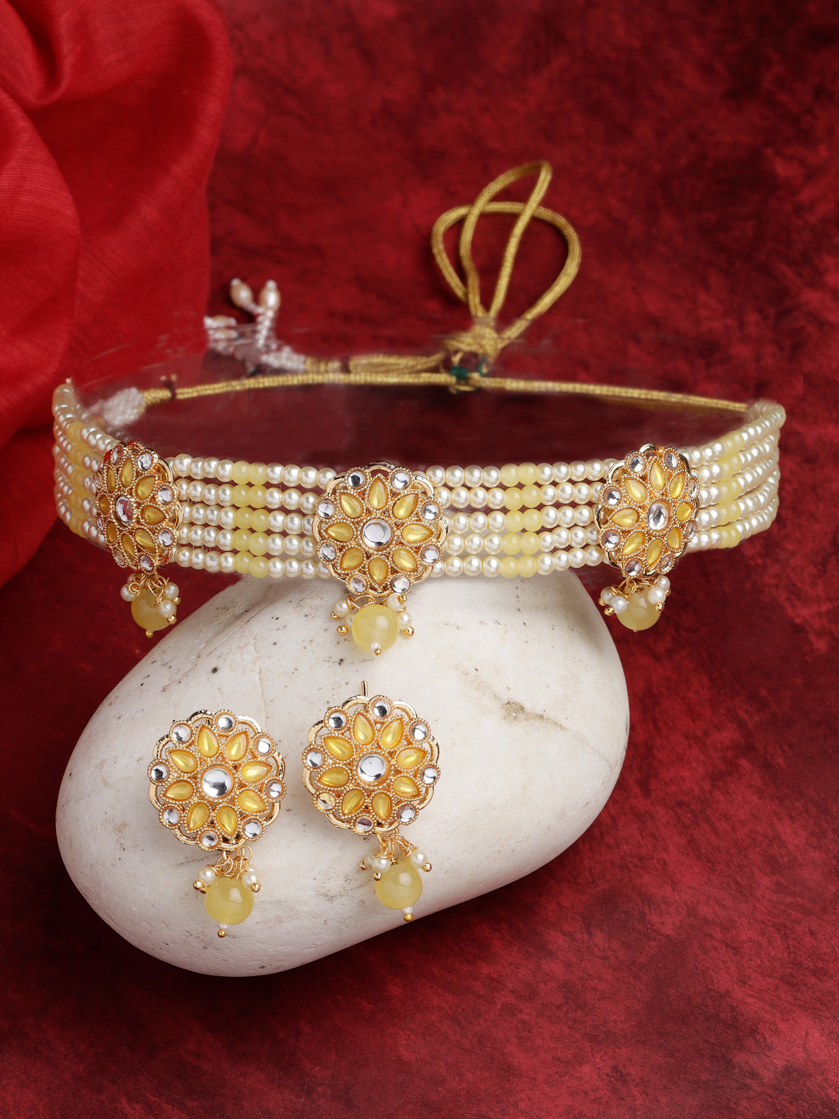 Sukkhi Fashionable Gold Plated Pearls With AD Stones Studded Yellow Multistrand Choker Necklace Set & Studs Earrings For Women & Girls|Set of 1|NS106124