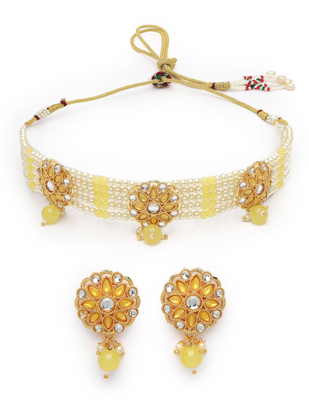 Sukkhi Fashionable Gold Plated Pearls With AD Stones Studded Yellow Multistrand Choker Necklace Set & Studs Earrings For Women & Girls|Set of 1|NS106124