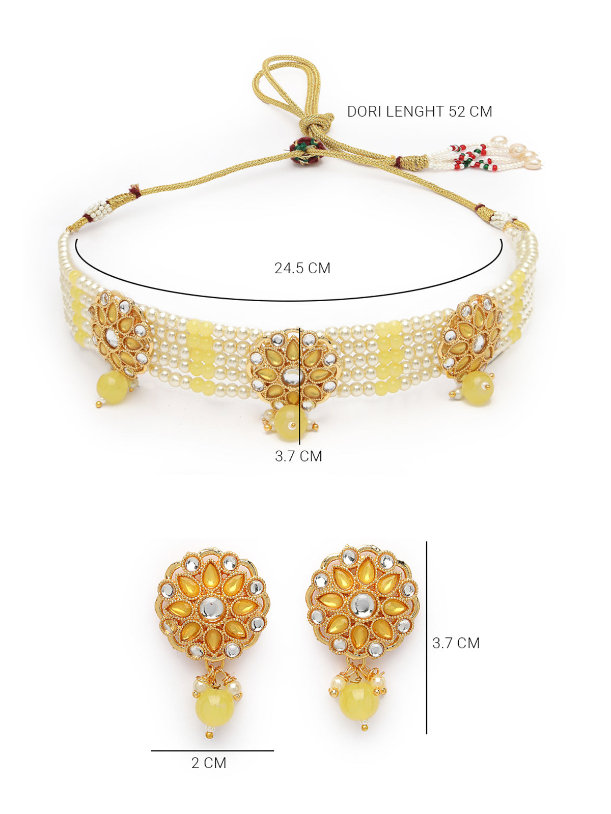 Sukkhi Fashionable Gold Plated Pearls With AD Stones Studded Yellow Multistrand Choker Necklace Set & Studs Earrings For Women & Girls|Set of 1|NS106124