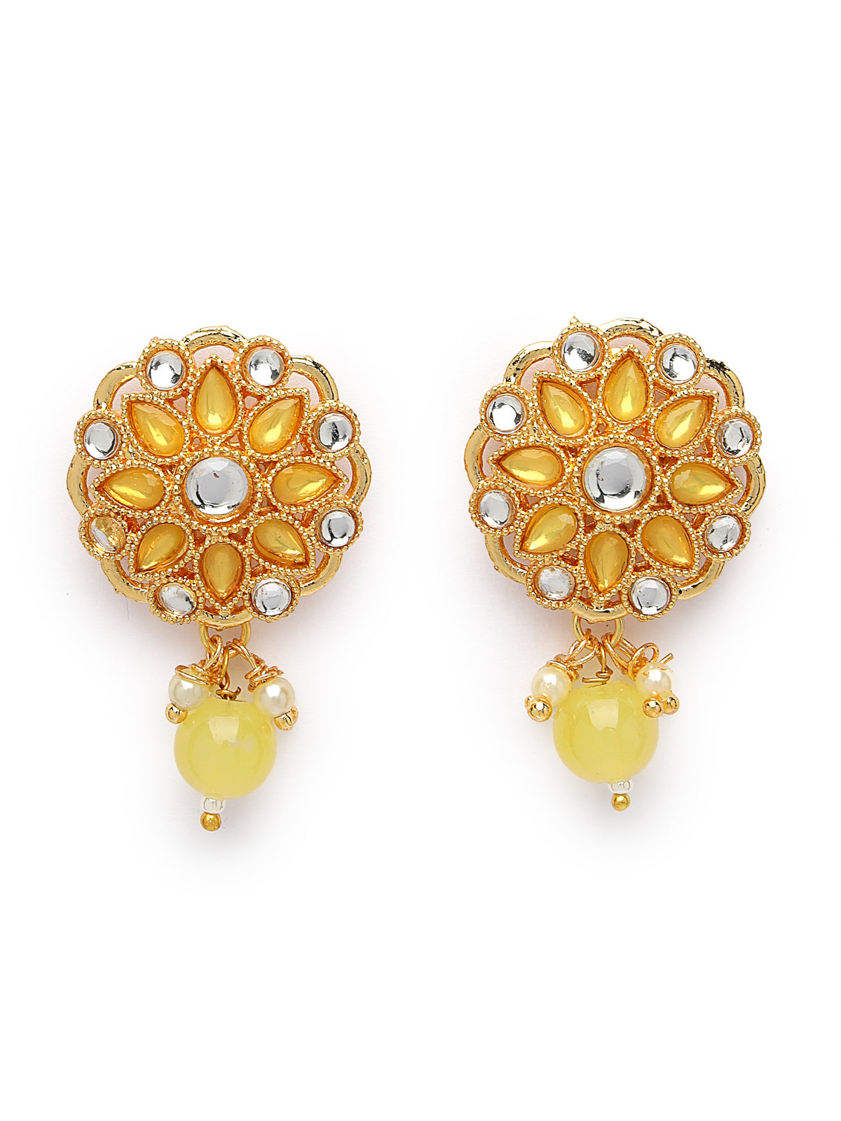 Sukkhi Fashionable Gold Plated Pearls With AD Stones Studded Yellow Multistrand Choker Necklace Set & Studs Earrings For Women & Girls|Set of 1|NS106124